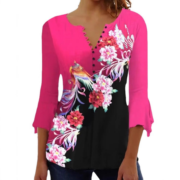 Women's V-neck tunic blouse with floral bird pattern, three-quarter flounce sleeves and figure-flattering hem Mune Fashion