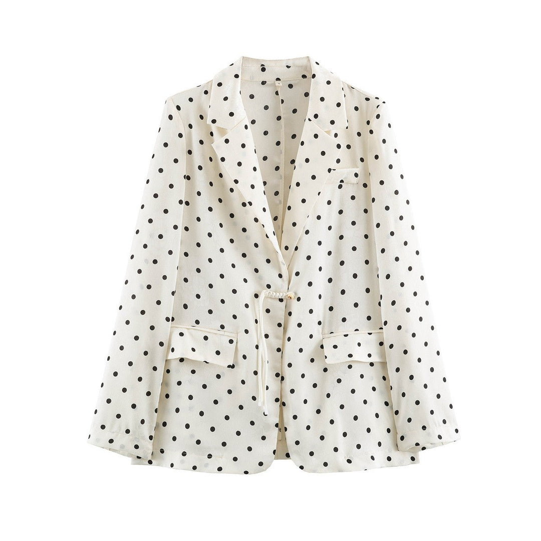 Women Polka Dot Blazer in Linen Look with Lapel Collar and Drawstring