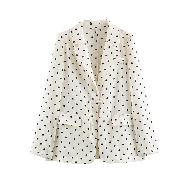 Women Polka Dot Blazer in Linen Look with Lapel Collar and Drawstring