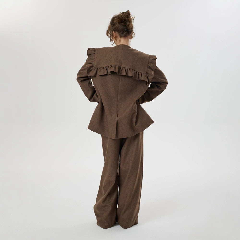 Women Two-Piece Oversized Blazer and Pants Set with Ruffled Shoulder and High Pleat Mune Fashion