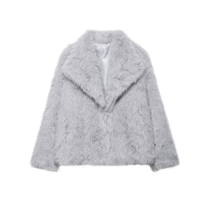 Women Short Faux-Fur Jacket with Shawl Collar and Boxy Cut Mune Fashion