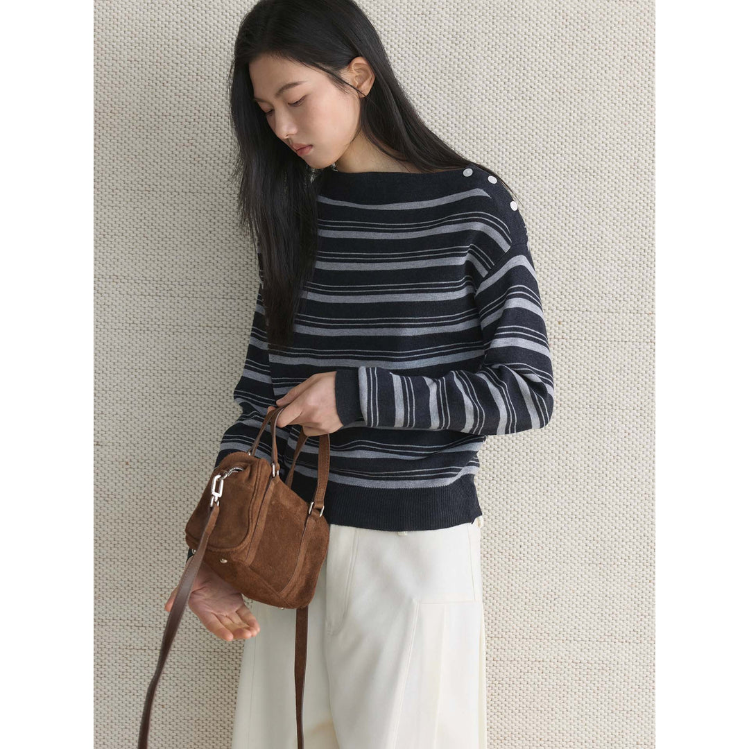 Ladies fine knit sweater with asymmetric boat neckline and fine block stripes Mune Fashion
