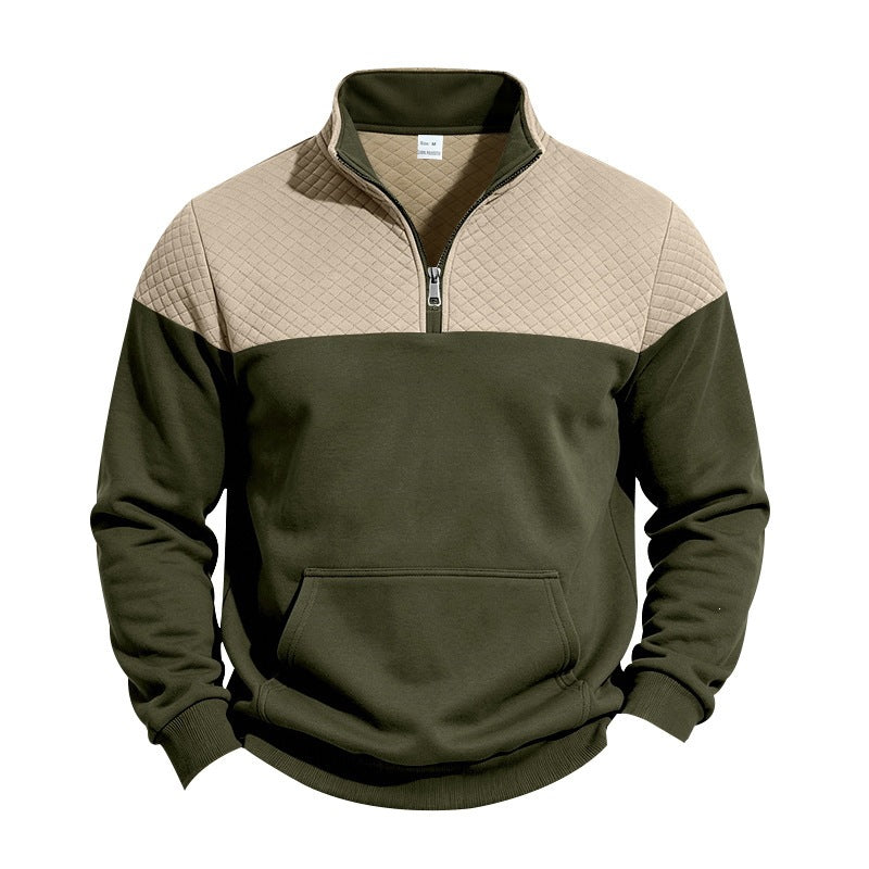 Men's Stand Collar Sweatshirt with Half Zip, Quilted Shoulder Yoke and Kangaroo Pocket Mune Fashion