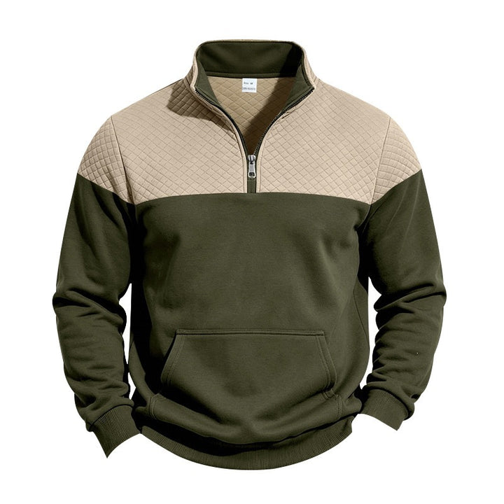 Men's Stand Collar Sweatshirt with Half Zip, Quilted Shoulder Yoke and Kangaroo Pocket Mune Fashion