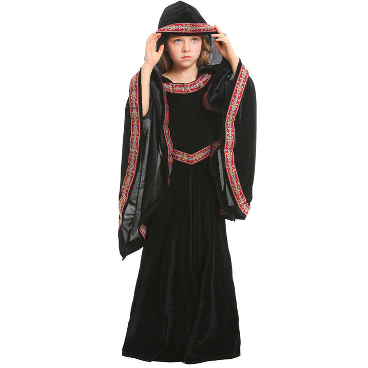 Ladies Elegant Sorceress Costume with Flared Sleeves and Playful Hooded Collar Mune Fashion