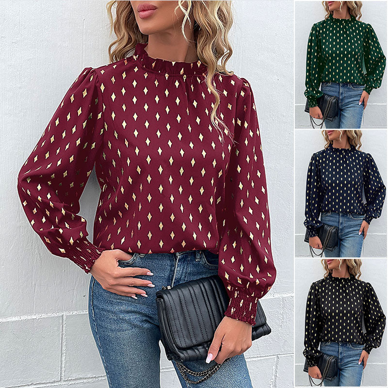 Women's Elegant Chiffon Blouse with Diamond Print, Gathered Stand Collar and Balloon Sleeves Mune Fashion