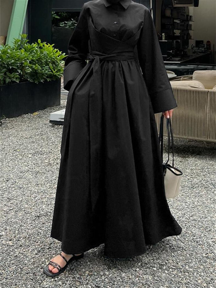 Women's maxi dress in shirt blouse style with waist wrap, wide flared skirt and wide cuffs Drune