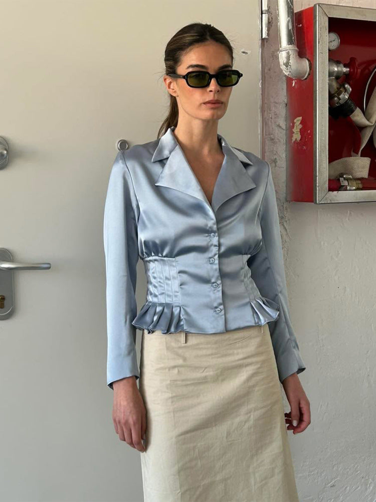 Women's Tailored Satin Blouse with Corset Seam, Shirt Collar & Ruffled Hem Mune Fashion