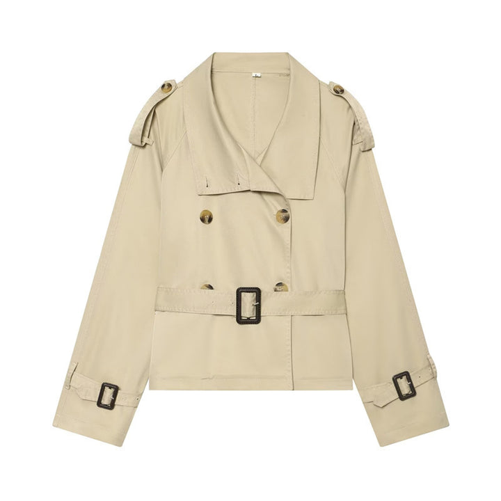 Women Short Boxy Trench with Double Breasted, Waist Belt and Shoulder Tabs Mune Fashion