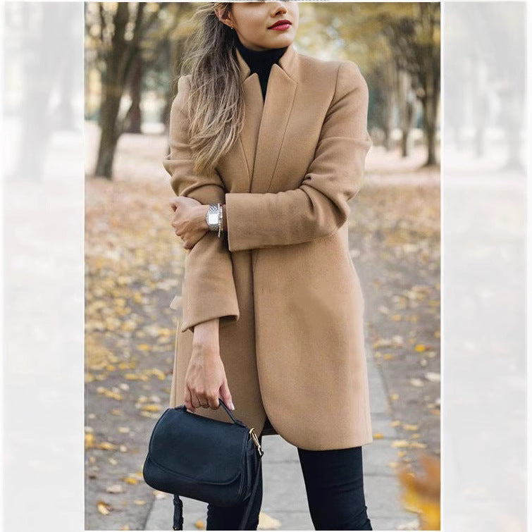 Women's tailored wool coat with stand-up collar and concealed button placket Mune Fashion