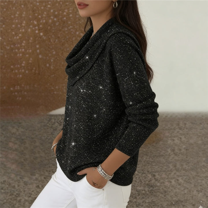 Women's fine knitted pullover with waterfall collar and ribbed hem Mune Fashion