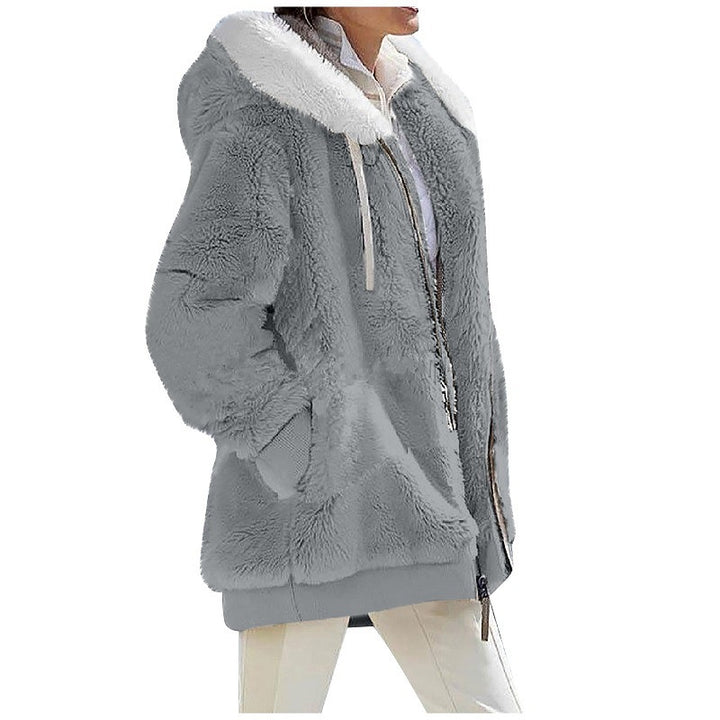 Ladies Cozy Teddy Hoodie Jacket with Contrast Trim, Zipper and Insert Pockets Mune Fashion