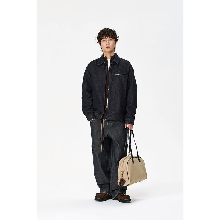 Men's Loose-Fit Denim Worker Jacket with Hidden Zipper and Slanted Chest Pocket Mune Fashion