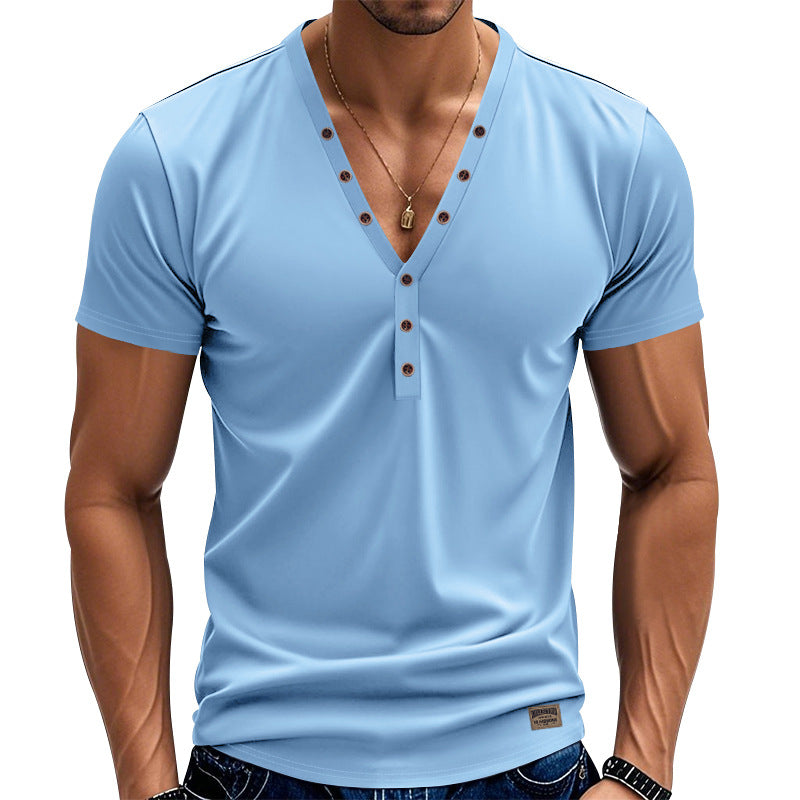 Men's tailored short-sleeve Henley shirt made of cotton-elastane with a deep V-neckline and decorative button placket Mune Fashion