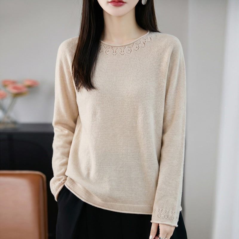 Women Lightweight Fine Knit Round Neck Sweater with Openwork Detail and Casual Silhouette Mune Fashion
