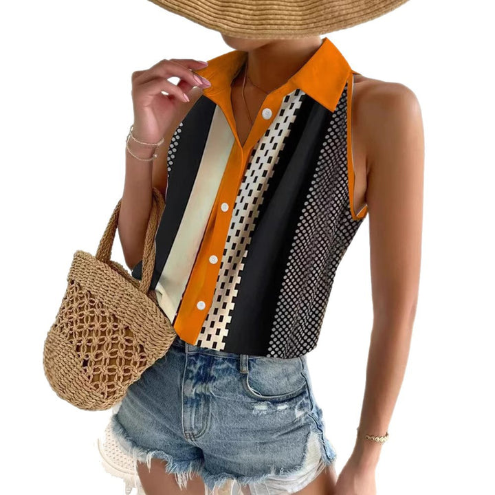 Women's sleeveless shirt top with pointed collar, contrasting button placket and geometric dot and stripe pattern Mune Fashion