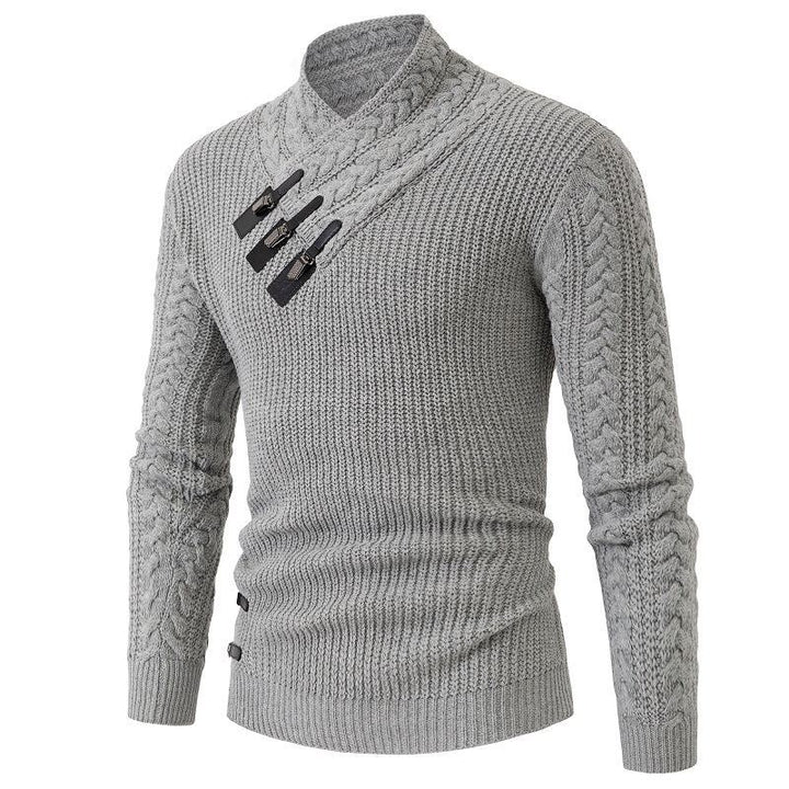 Men's Structured Cable Knit Mock Neck Sweater with Asymmetrical Strap Decoration Mune Fashion