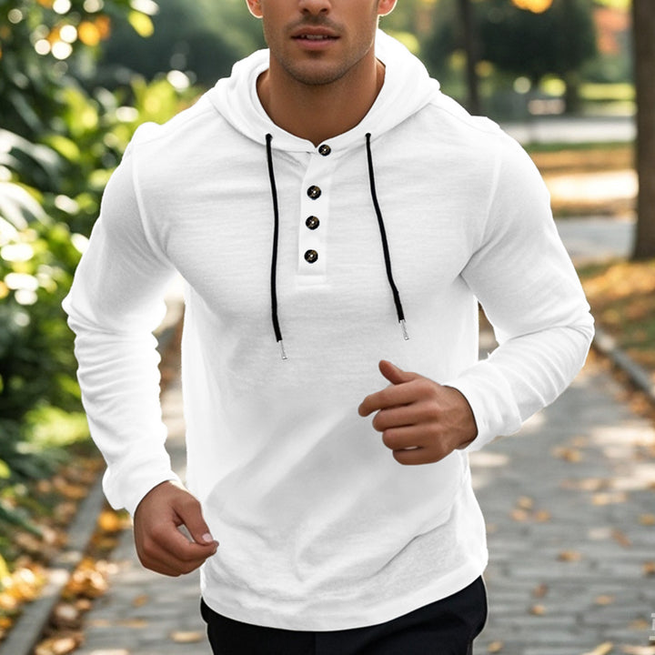 Men's casual hoodie in Henley style with button placket and adjustable drawstring Mune Fashion