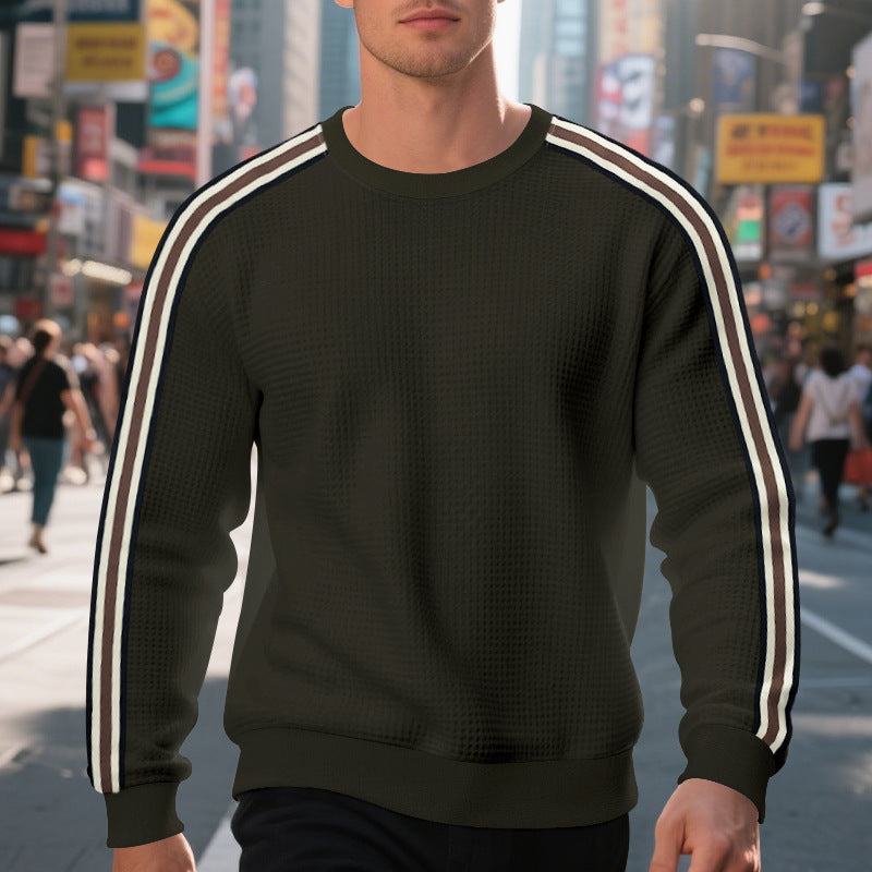 Men's waffle knit sweater with contrasting sleeve stripes and round neckline Mune Fashion