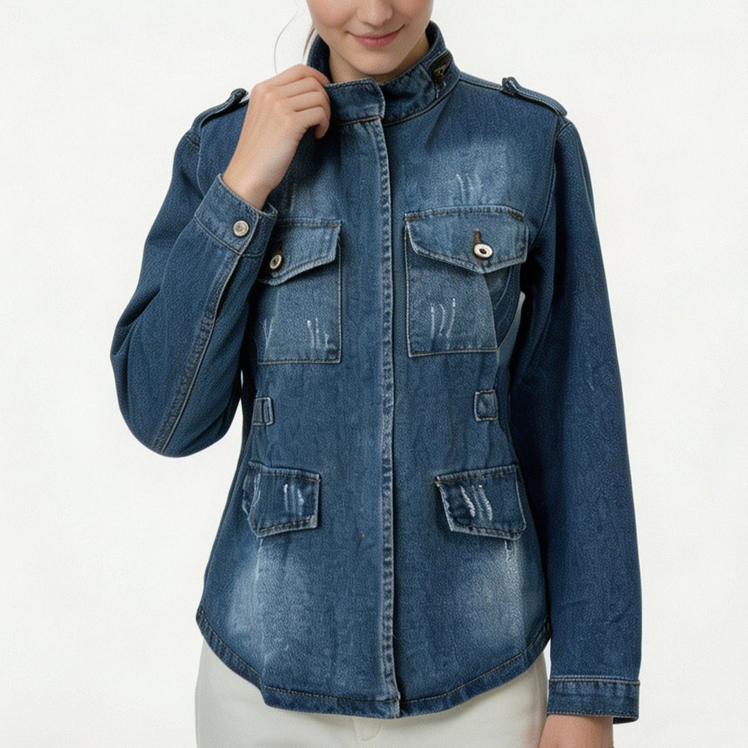 Women's tailored military denim jacket with stand-up collar, flap pockets and subtle used details Mune Fashion