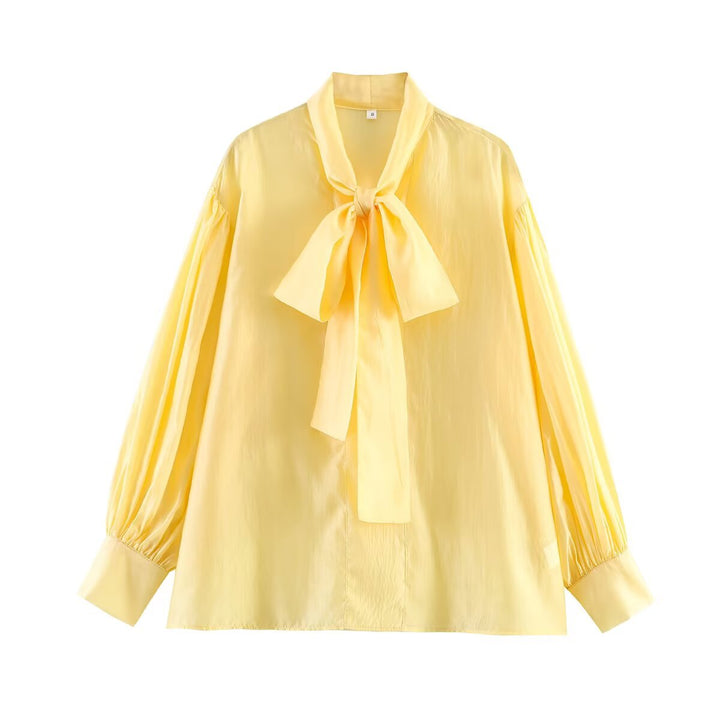 Women's tie blouse made of shiny satin with voluminous balloon sleeves Mune Fashion