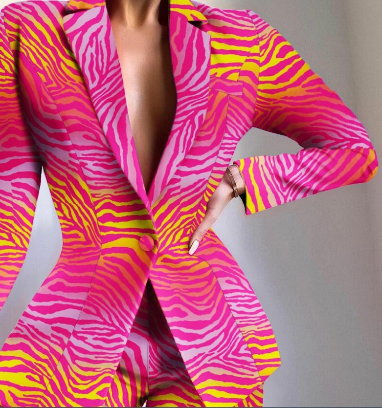 Women's tailored zebra print long blazer with emphasized waist and single-button Mune Fashion