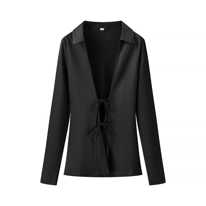 Women's Lightweight Shirt Blouse with Deep V-Neck and Double Ties Mune Fashion