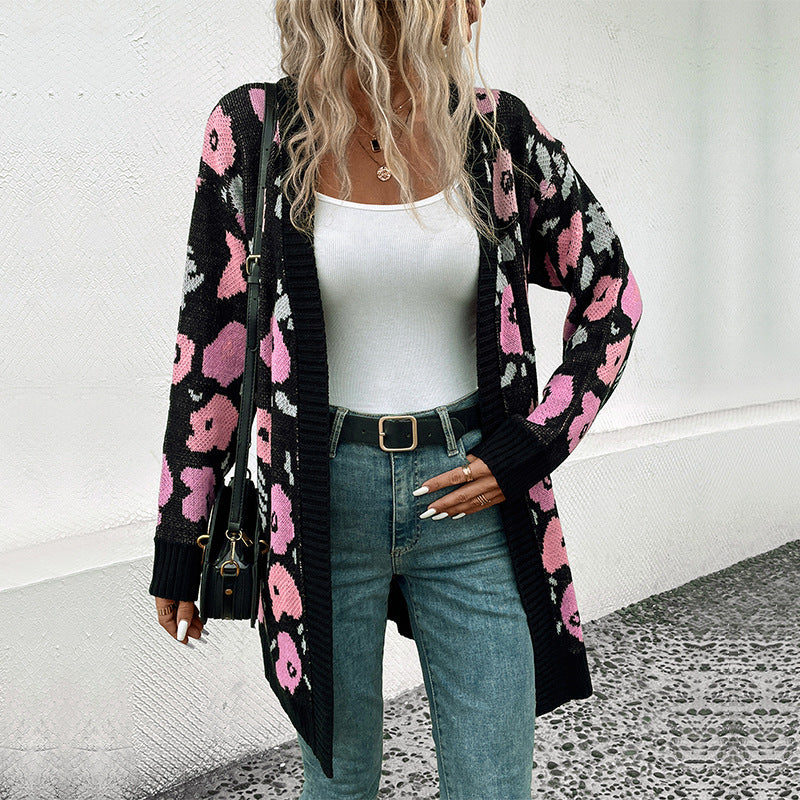 Women's Long Knit Cardigan with Oversize Cut, Animal Jacquard and Ribbed Cuffs Mune Fashion
