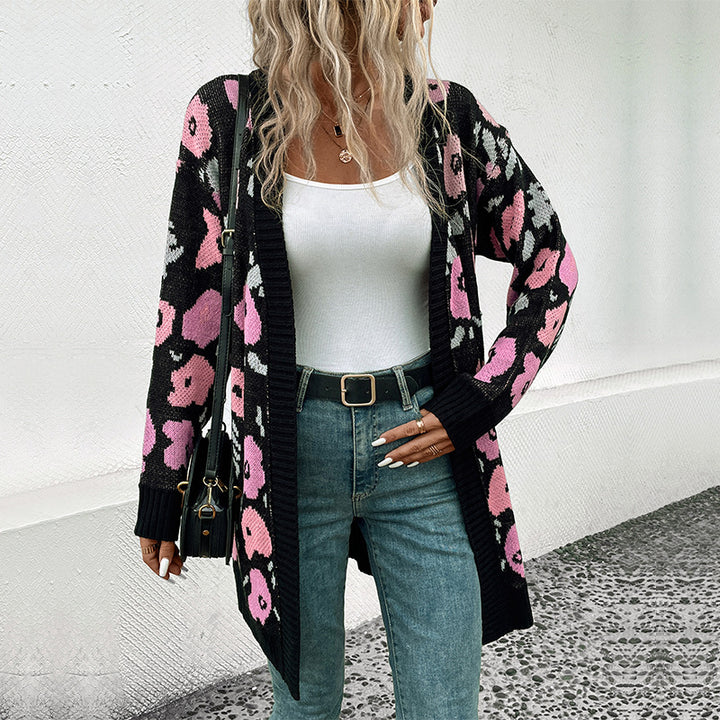 Women's Long Knit Cardigan with Oversize Cut, Animal Jacquard and Ribbed Cuffs Mune Fashion