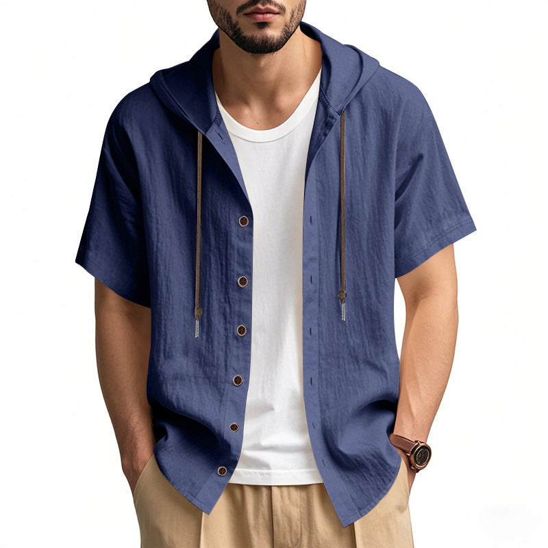 Men's breathable short sleeve hoodie made of linen blend with wooden button placket and drawstring Mune Fashion