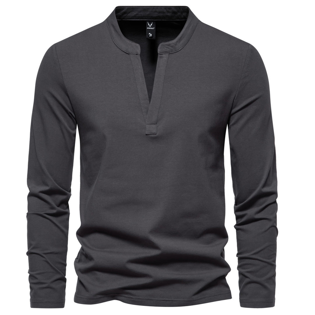 Men's long-sleeved Henley shirt with stand-up collar, deep V-opening and slim fit Mune Fashion