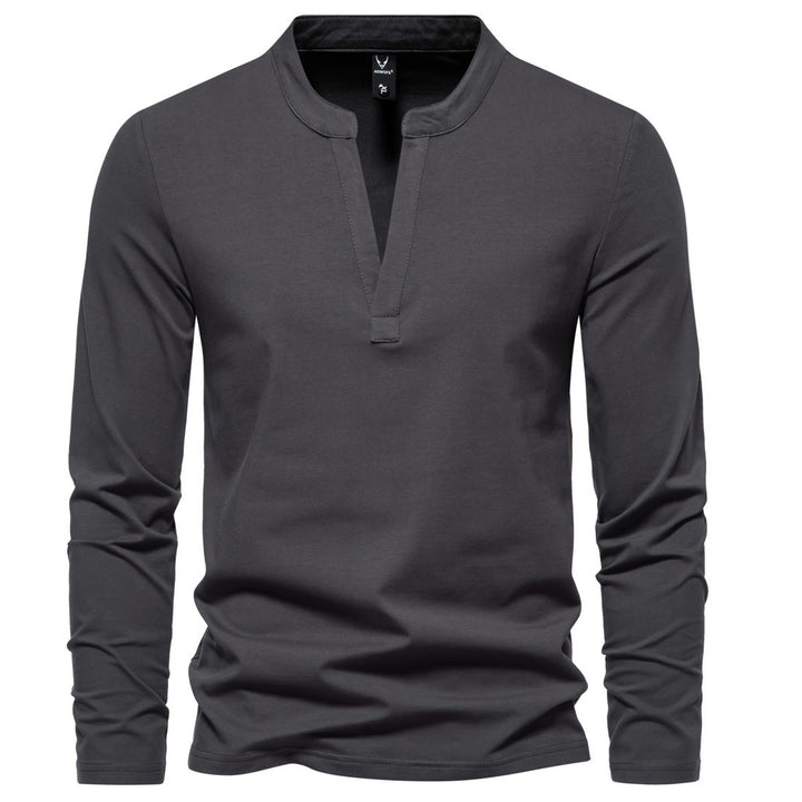 Men's long-sleeved Henley shirt with stand-up collar, deep V-opening and slim fit Mune Fashion