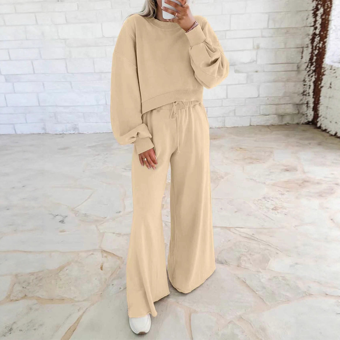 Women's Short Sweater and Palazzo Pants Lounge Set with Balloon Sleeves Mune Fashion