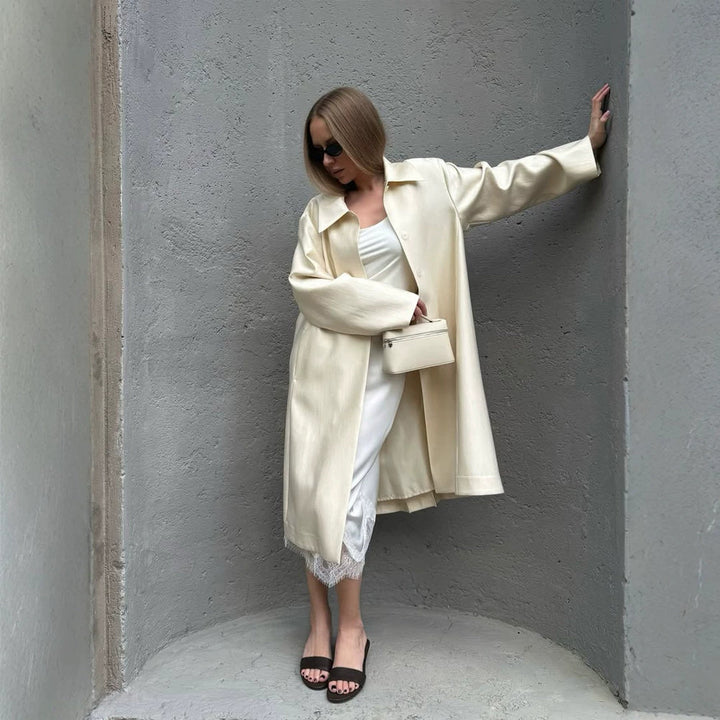 Women Lightweight Satin-Effect Long Coat with Boxy Oversize Silhouette Mune Fashion