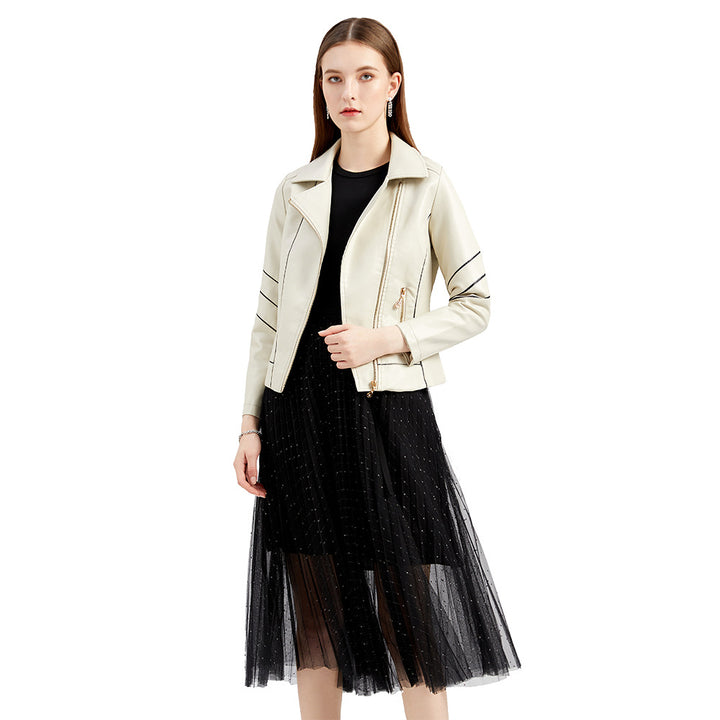 Women's tailored faux leather biker jacket with asymmetrical zipper and decorative seams Mune Fashion