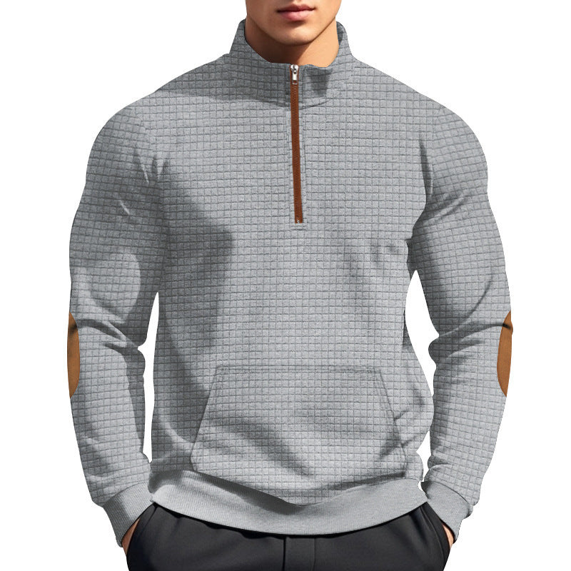 Men's quilted half-zip sweatshirt with stand-up collar, kangaroo pocket, and faux leather elbow patches Mune Fashion