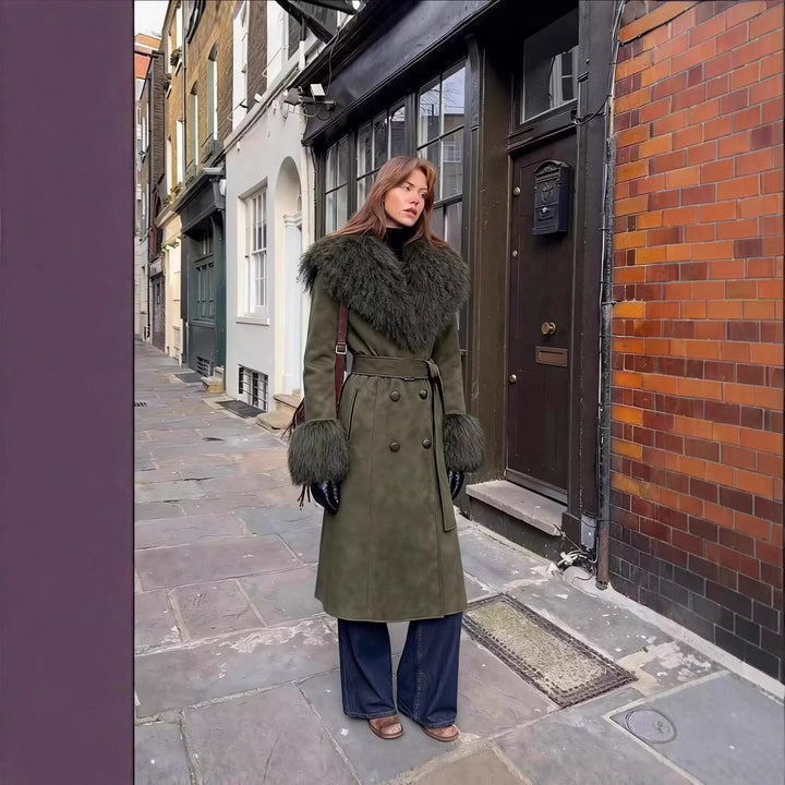 Women's Tailored Faux Velvet Coat with Tied Belt and Bulky Teddy Collar Mune Fashion