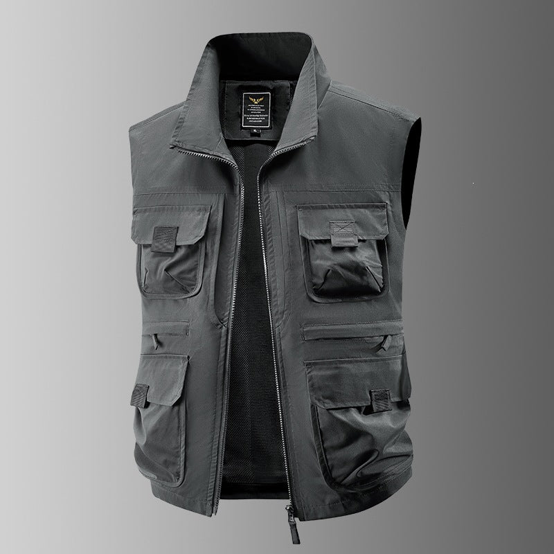 Men's Multi-pocket Utility Vest with High Collar, Zipper and Mesh Lining Mune Fashion