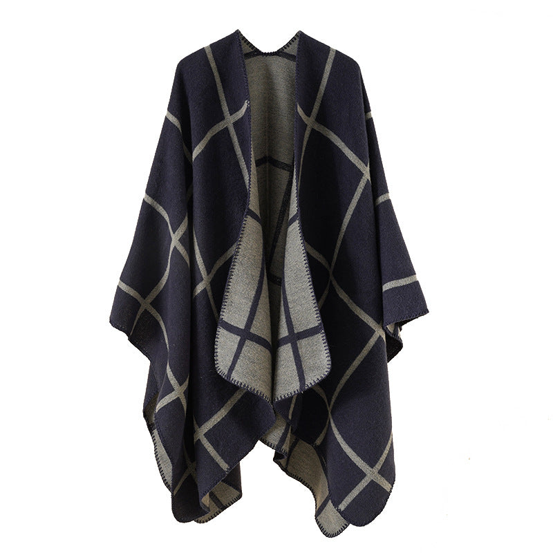 Women's Reversible Oversize Cloak with Large Check Pattern and Open Front Mune Fashion