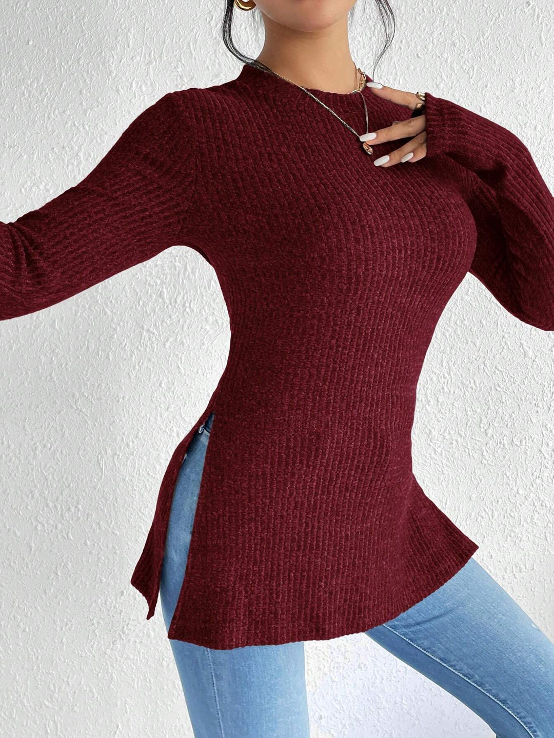 Women's Ribbed Tailored Fine Knit Sweater with Stand-up Collar, Long Sleeves and Side Slits Mune Fashion