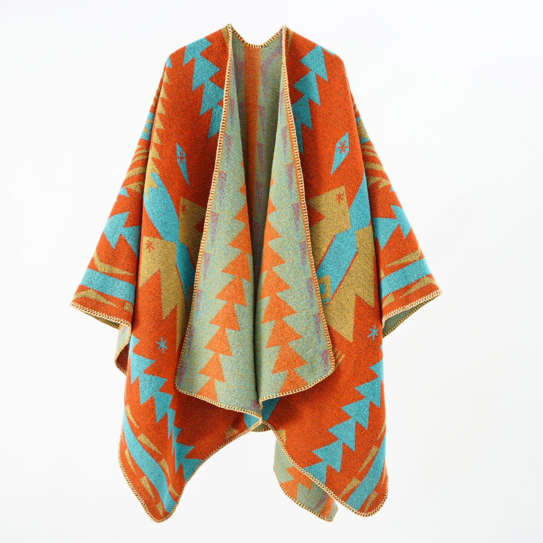 Women's wool blend cape with graphic ethnic pattern and decorative overlock seam Mune Fashion