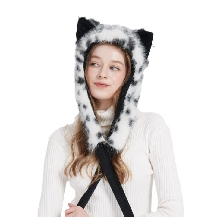 Ladies hooded stole made of luxurious faux fur with long scarf tails and pompom ends Mune Fashion