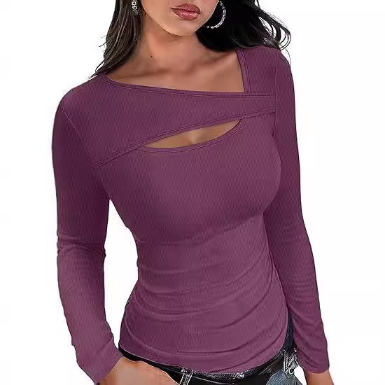 Women's Ribbed Long Sleeve Shirt with Asymmetrical Off-Shoulder Neckline and Chest Cut-Out Mune Fashion