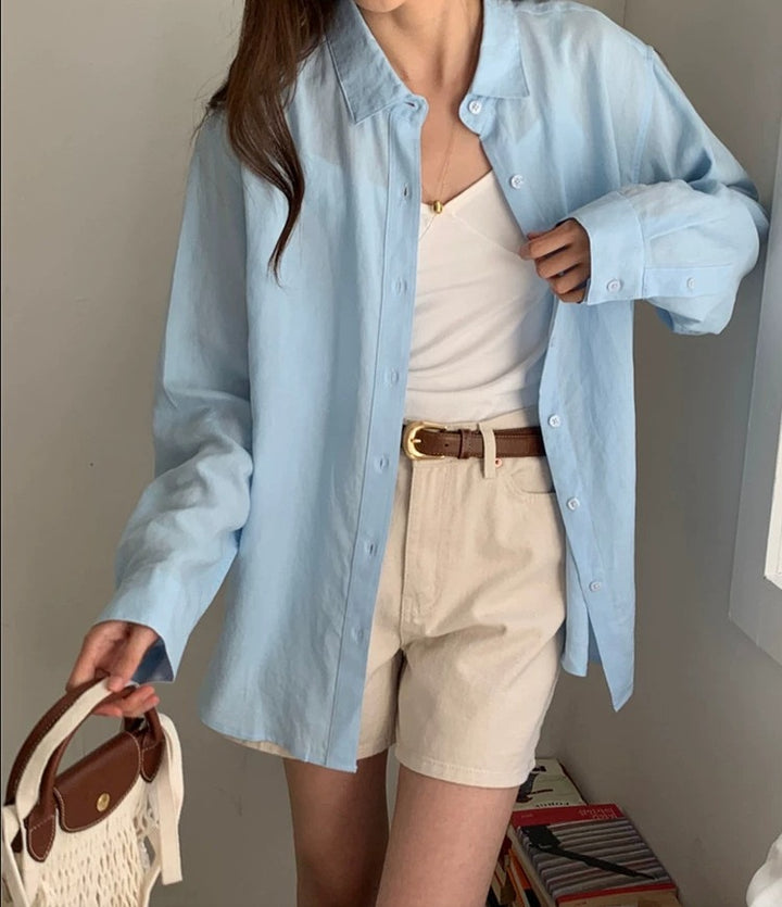Women's Casual Oversized Shirt Blouse with Boxy Silhouette and Roll-Up Sleeves Mune Fashion