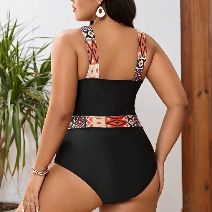 Women's One-Piece Swimsuit with Fashionable Geo Pattern and Adjustable Neckline Mune Fashion