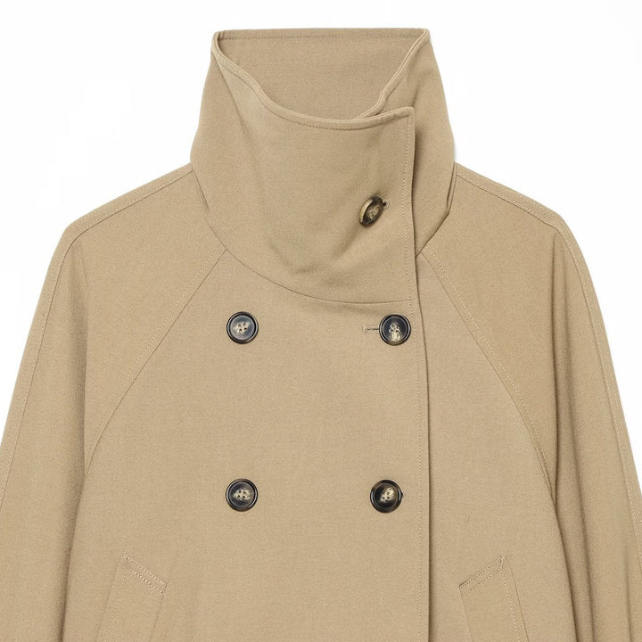 Women Cropped Trench Coat with High Funnel Collar, Raglan Sleeves and Drawstring Waistband Mune Fashion