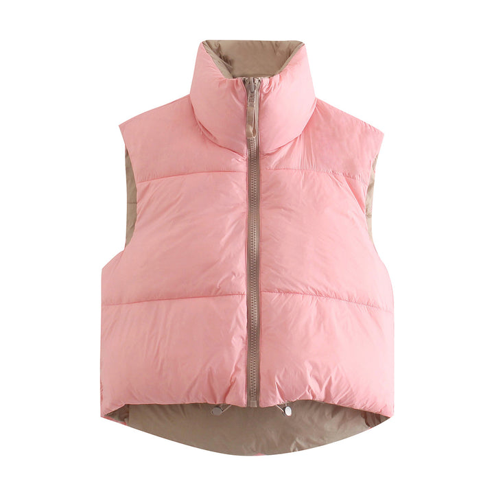 Women's short-cut quilted vest with high stand-up collar and extended back Mune Fashion