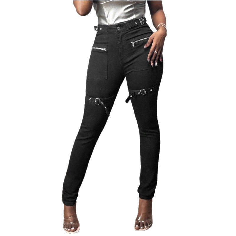 Women High-Waist Skinny Jeans with decorative zippers, patch pockets and belt decor Mune Fashion
