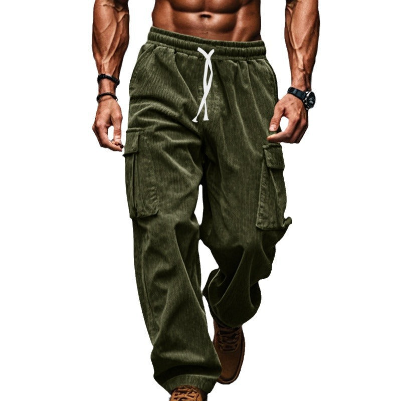 Men's loose corduroy cargo pants with elastic drawstring waistband, patch flap pockets, and relaxed silhouette Mune Fashion