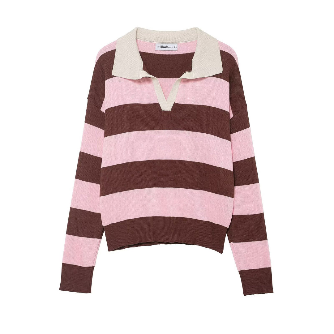 Women's Oversize Striped Rugby Sweater with Open Polo Collar and V-Neck Mune Fashion